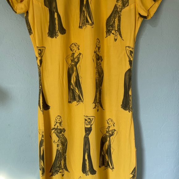 vintage betsey johnson pin up yellow high side slit dress button up stand collar - Picture 3 of 8